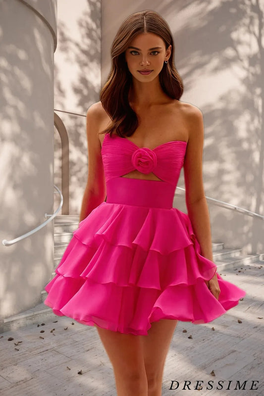 Dressime A Line Strapless Chiffon Ruffled Tiered Short/Mini Homecoming Dress