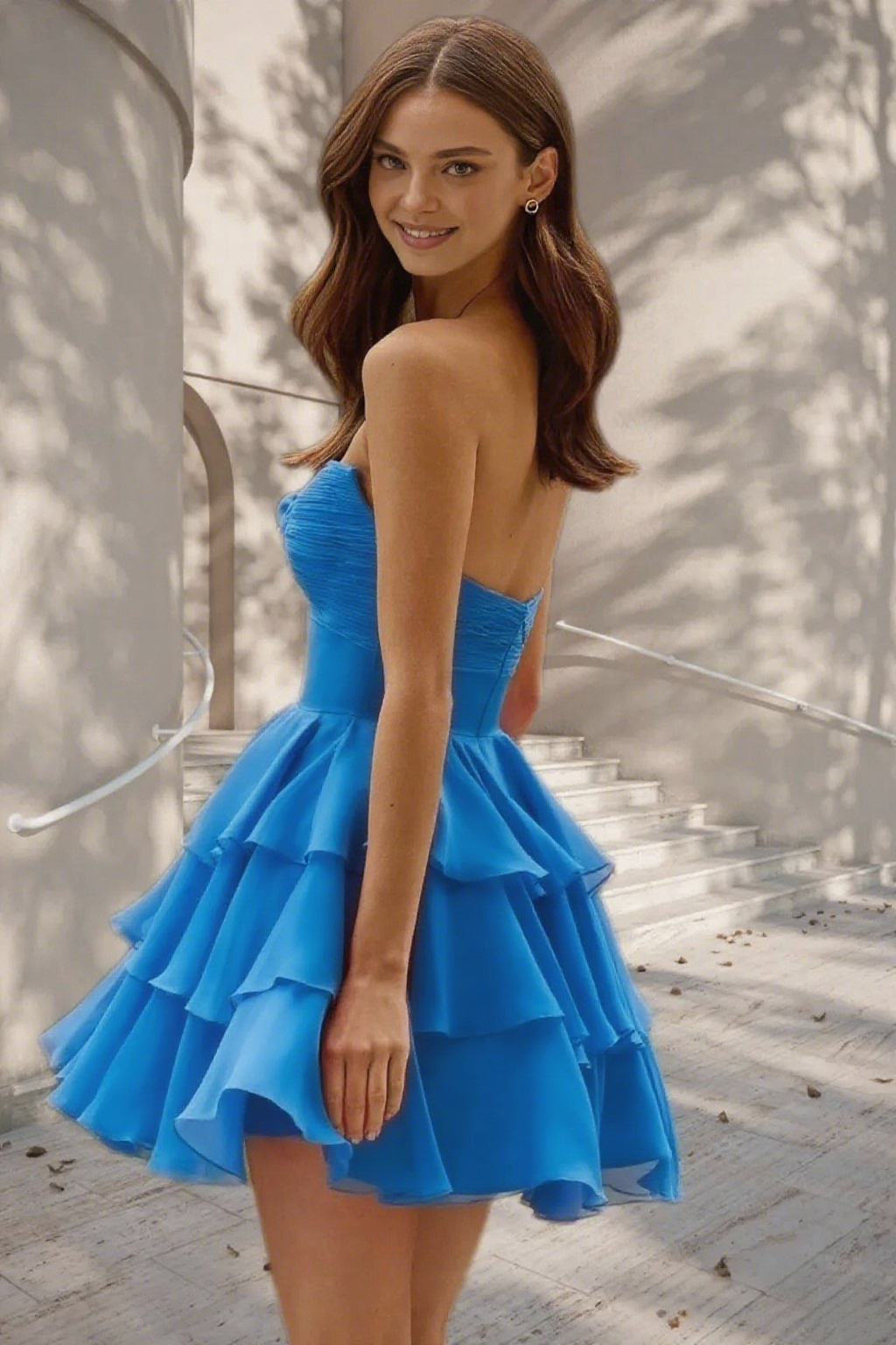Dressime A Line Strapless Chiffon Ruffled Tiered Short/Mini Homecoming Dress