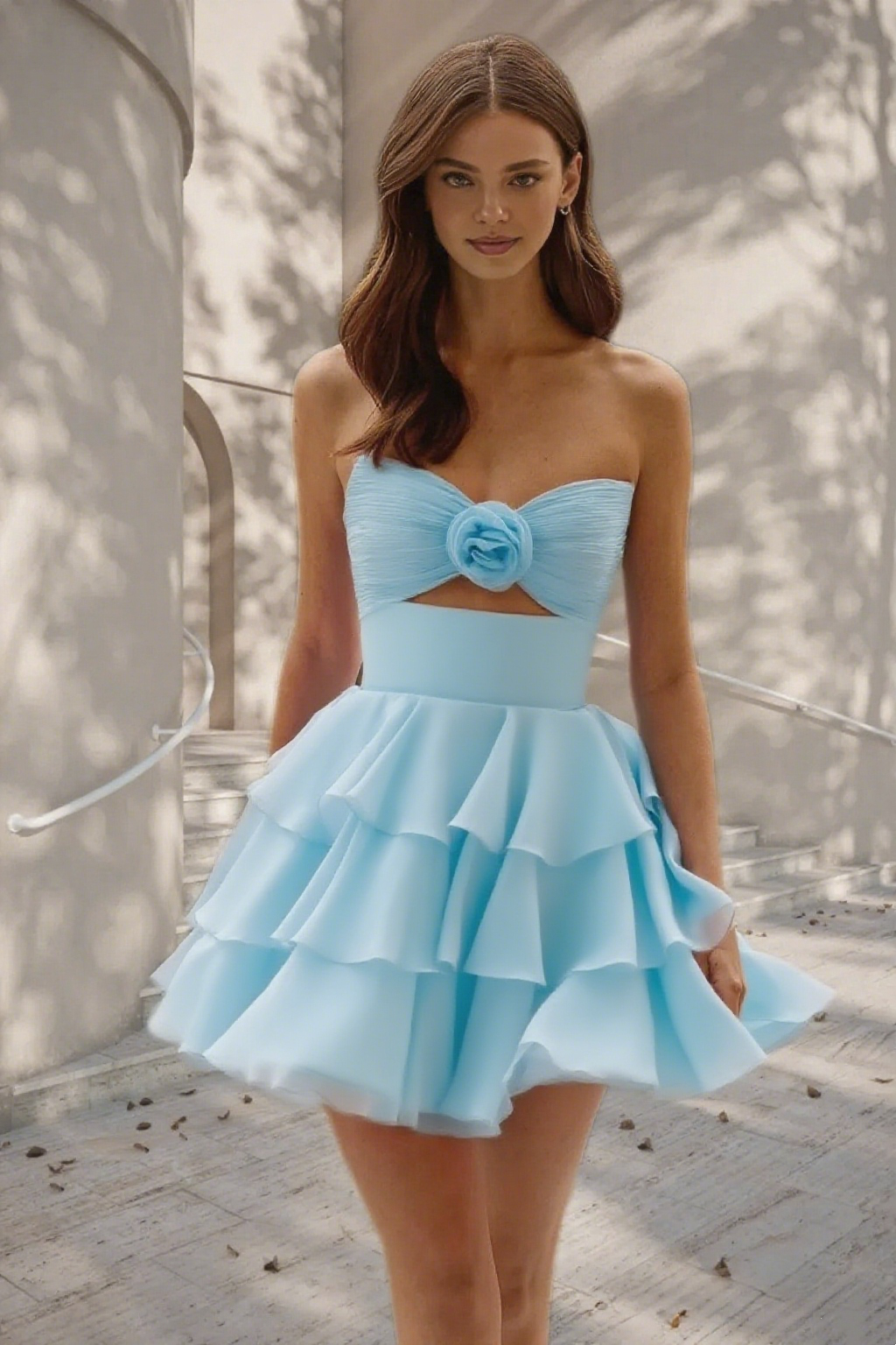 Dressime A Line Strapless Chiffon Ruffled Tiered Short/Mini Homecoming Dress