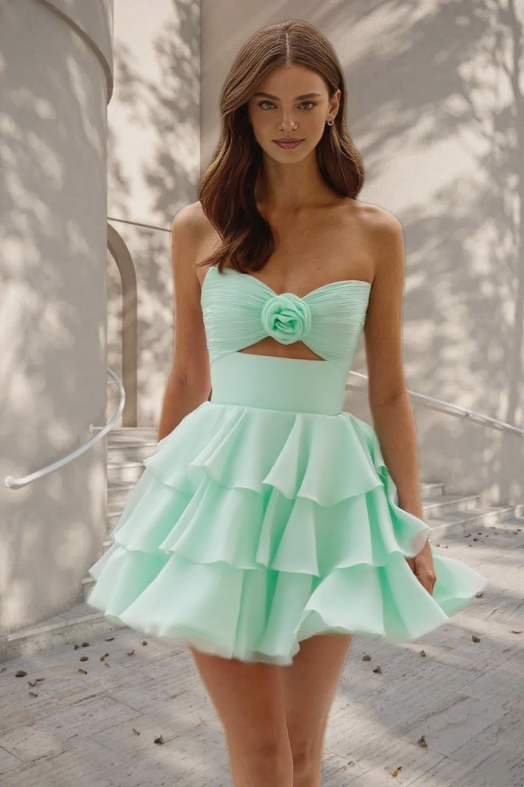 Dressime A Line Strapless Chiffon Ruffled Tiered Short/Mini Homecoming Dress
