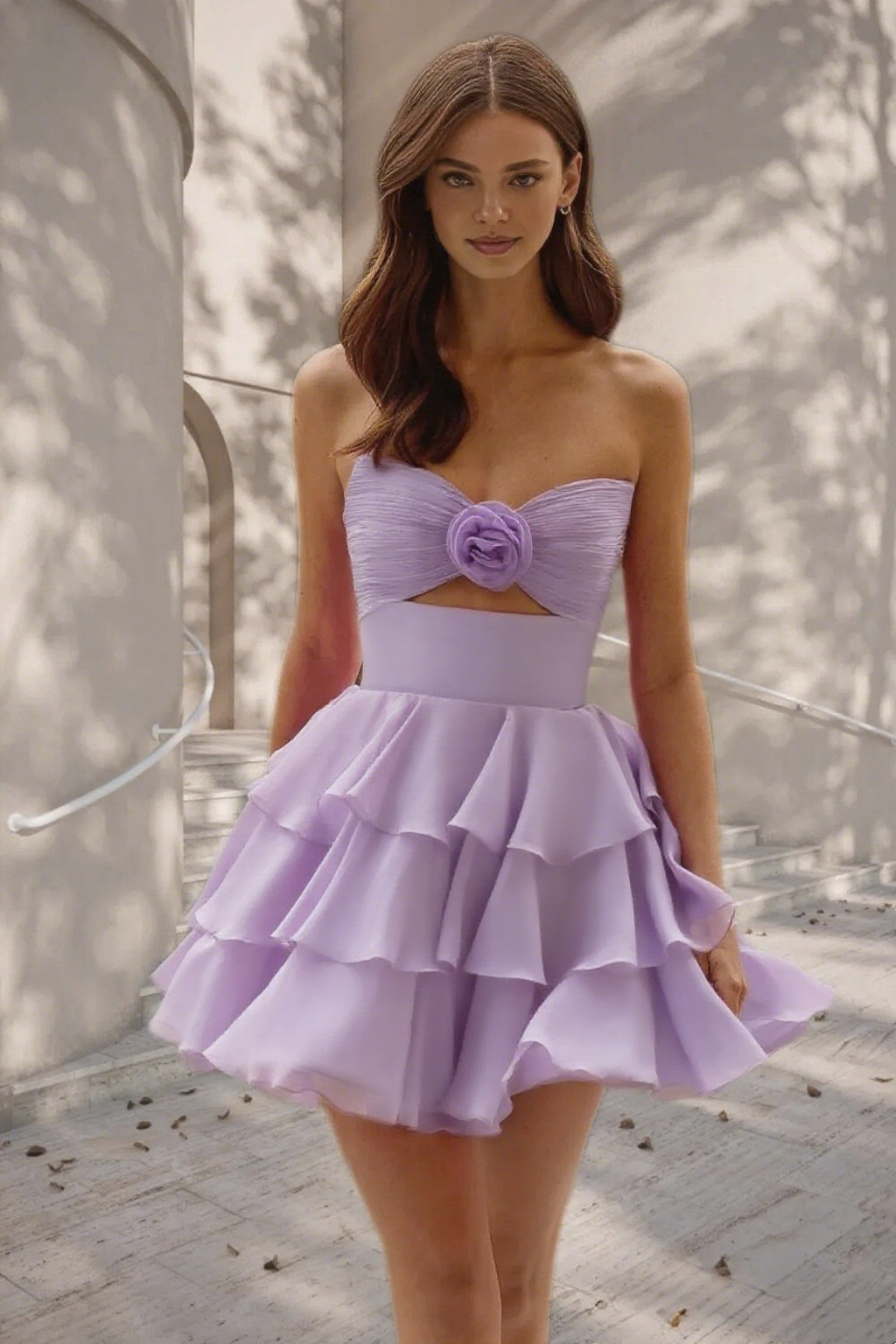 Dressime A Line Strapless Chiffon Ruffled Tiered Short/Mini Homecoming Dress