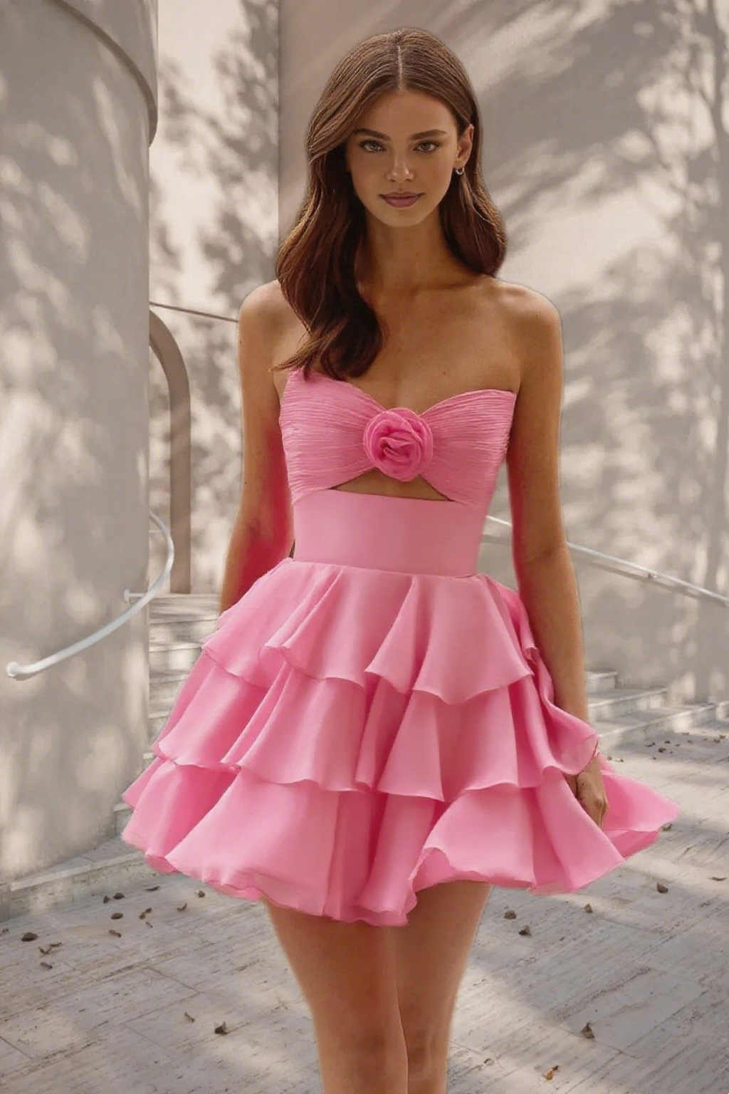 Dressime A Line Strapless Chiffon Ruffled Tiered Short/Mini Homecoming Dress