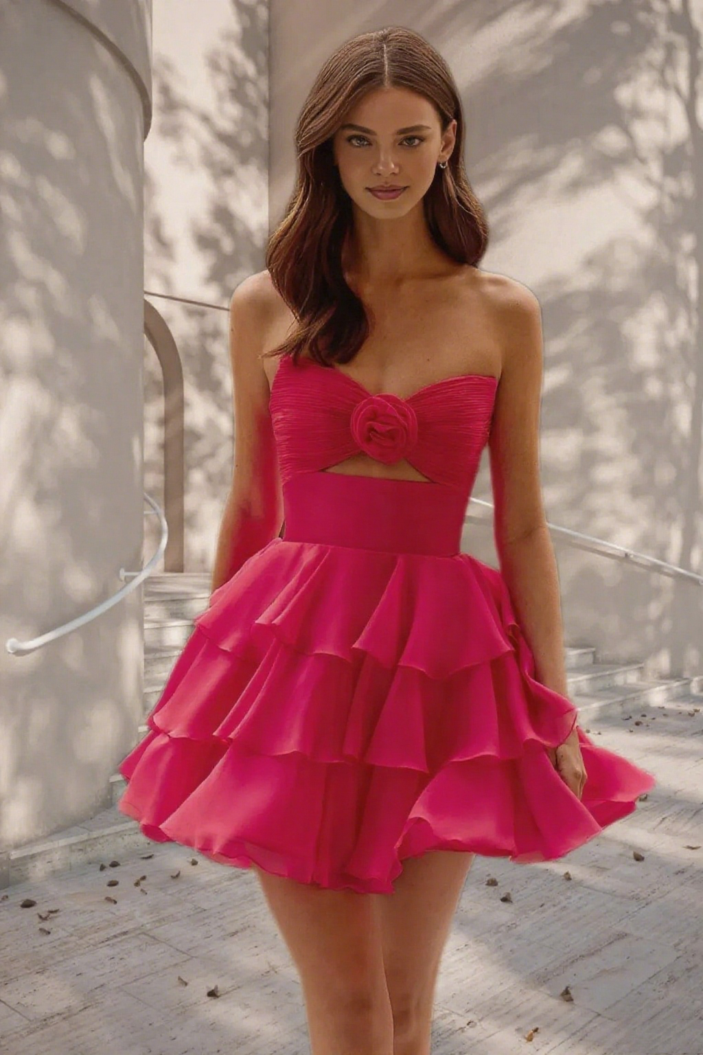 Dressime A Line Strapless Chiffon Ruffled Tiered Short/Mini Homecoming Dress