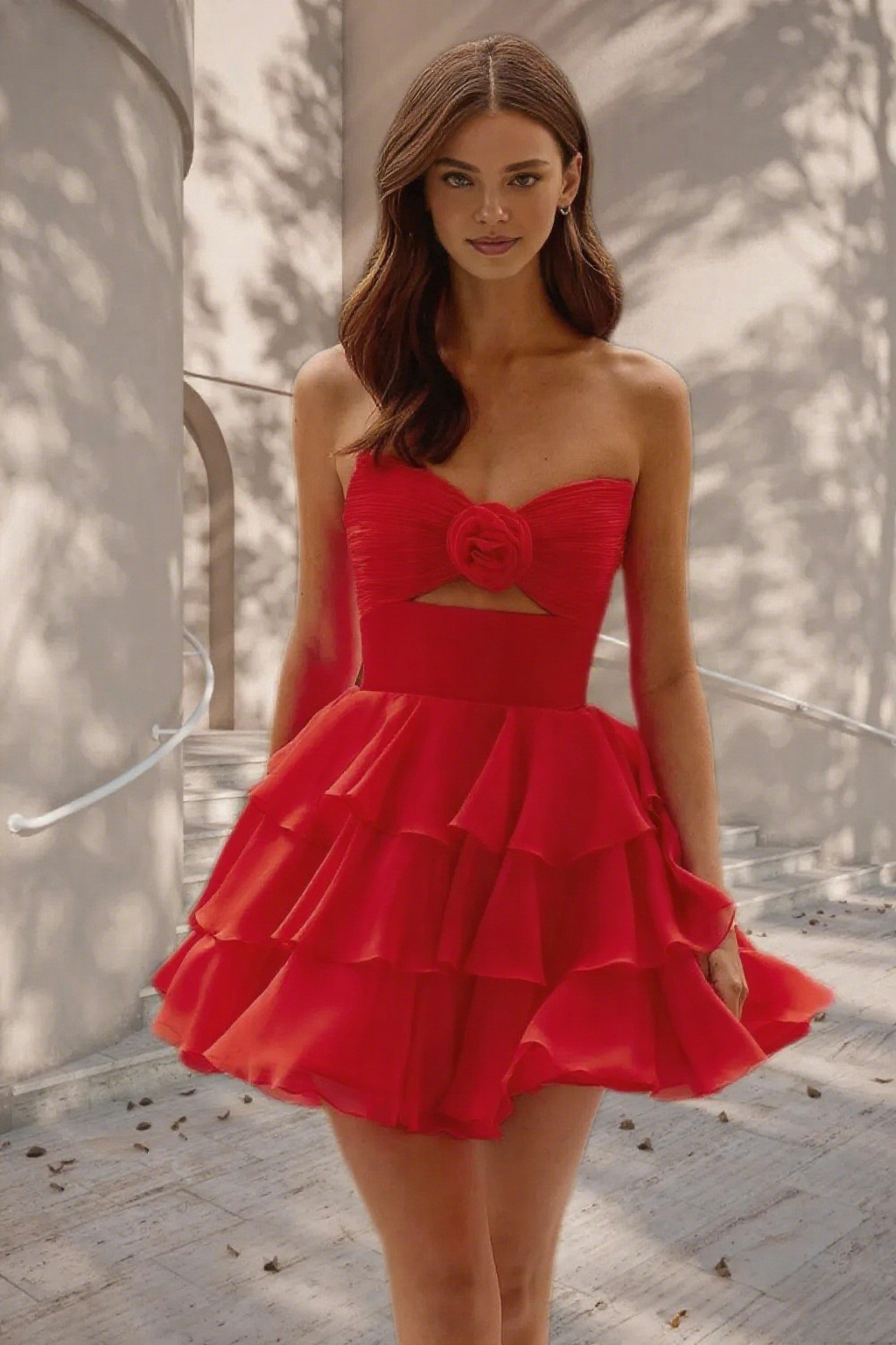 Dressime A Line Strapless Chiffon Ruffled Tiered Short/Mini Homecoming Dress