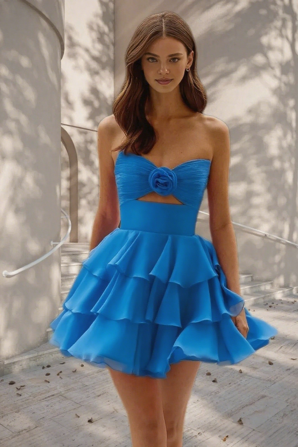 Dressime A Line Strapless Chiffon Ruffled Tiered Short/Mini Homecoming Dress