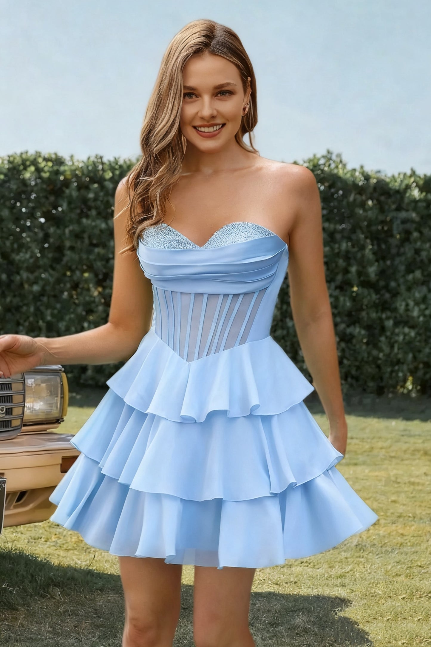 Dressime A Line Strapless Corset Beaded Ruffle Tiered Mini Homecoming Dress