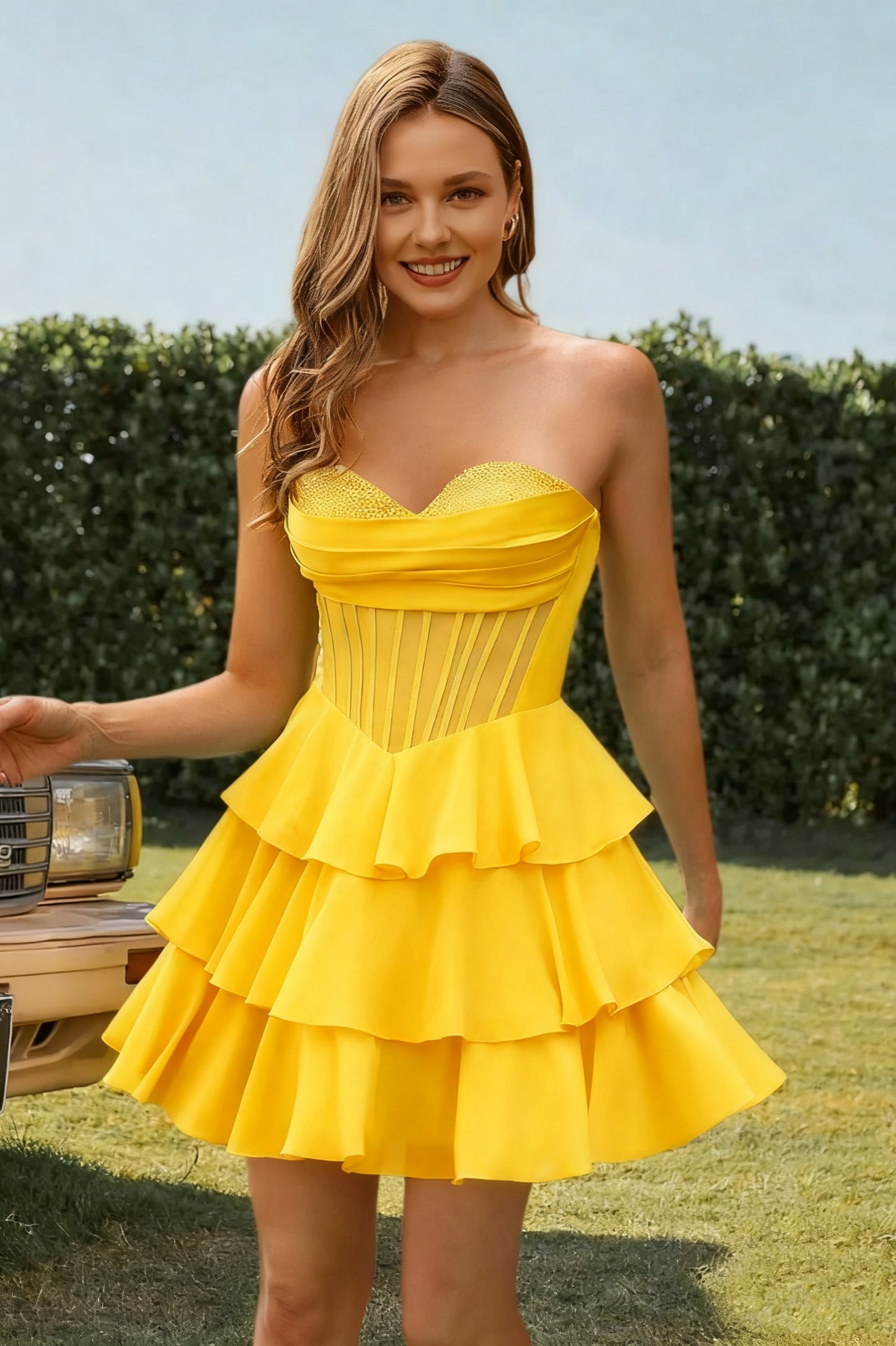 Dressime A Line Strapless Corset Beaded Ruffle Tiered Mini Homecoming Dress