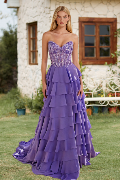 Dressime A Line Strapless Corset Bodice Embroidery Tiered Long Prom Dress With Ruffles