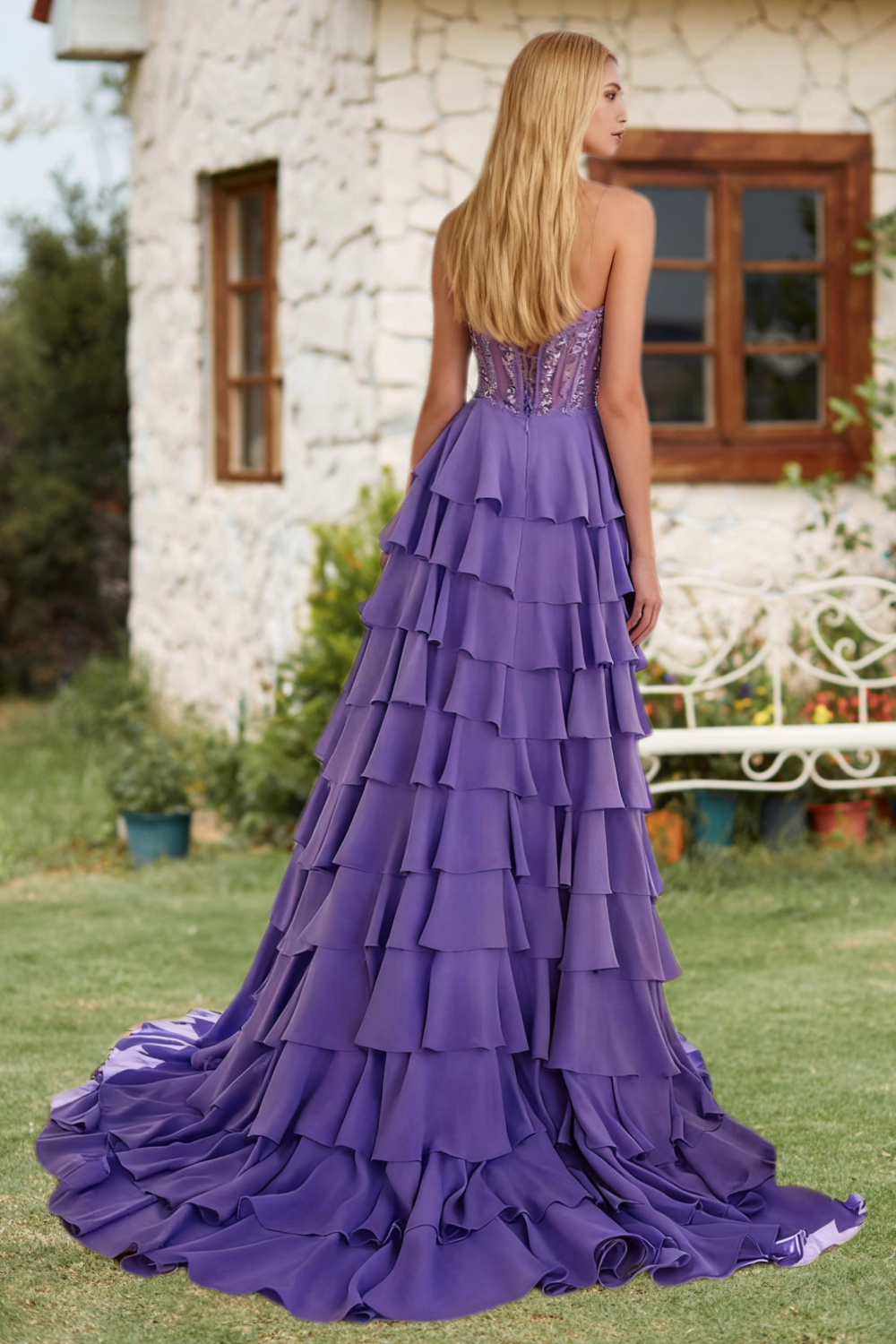 Dressime A Line Strapless Corset Bodice Embroidery Tiered Long Prom Dress With Ruffles