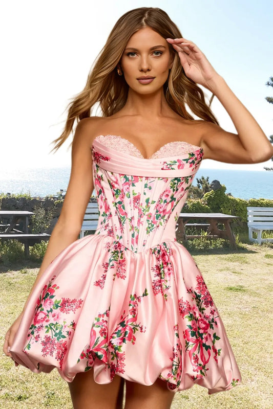 Dressime A Line Strapless Corset Bodice Printed Bubble Mini Homecoming Dress