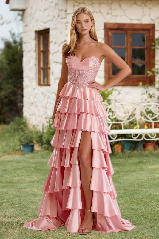 Dressime A Line Strapless Corset Bodice Ruffles Tiered Long Prom Dress