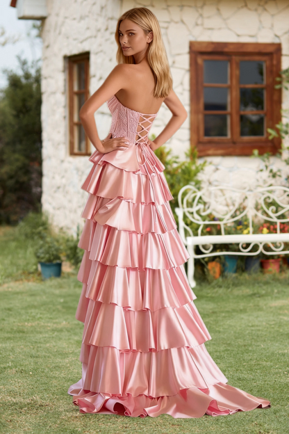 Dressime A Line Strapless Corset Bodice Ruffles Tiered Long Prom Dress