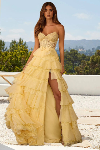 Dressime A Line Strapless Corset Lace Up Ruffled Tiered Long Prom Dress