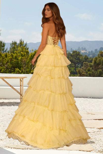 Dressime A Line Strapless Corset Lace Up Ruffled Tiered Long Prom Dress