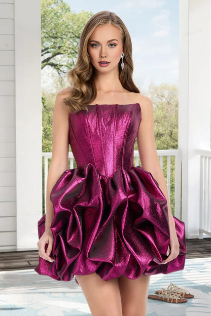 Dressime A Line Strapless Corset Metallic Bubble Hem Mini Homecoming Dress