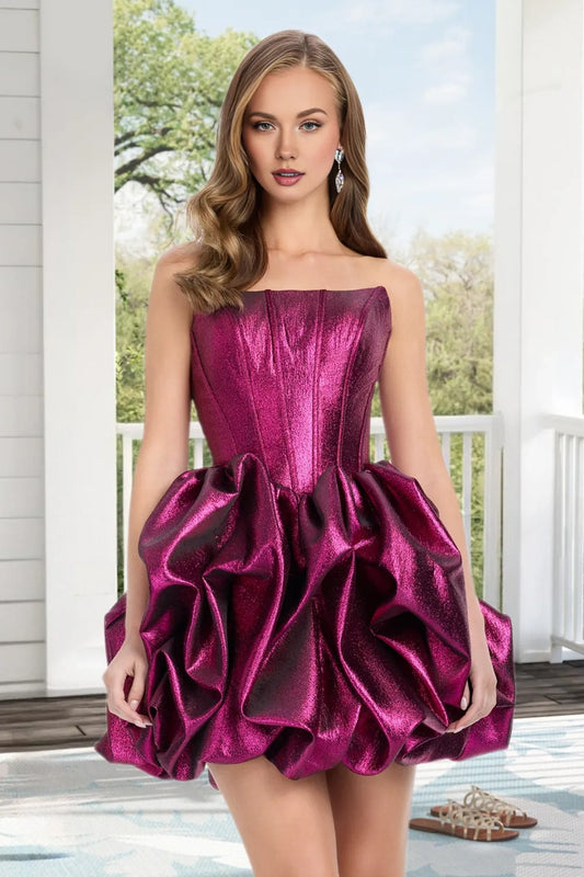 Dressime A Line Strapless Corset Metallic Bubble Hem Mini Homecoming Dress