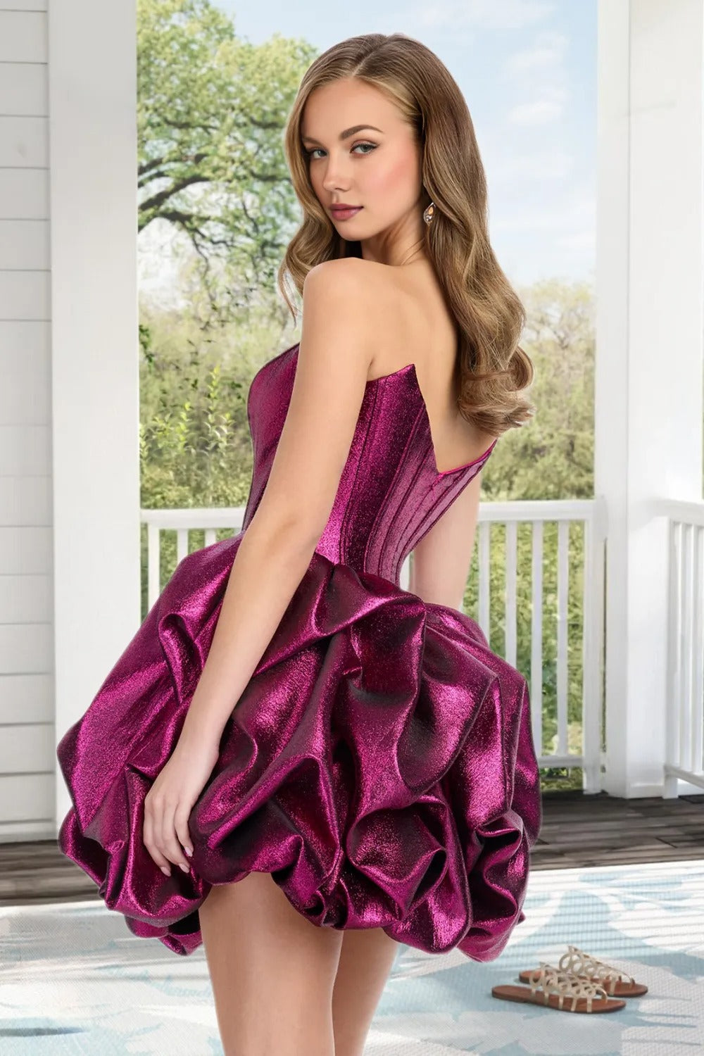 Dressime A Line Strapless Corset Metallic Bubble Hem Mini Homecoming Dress