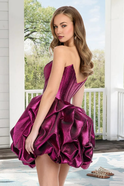 Dressime A Line Strapless Corset Metallic Bubble Hem Mini Homecoming Dress