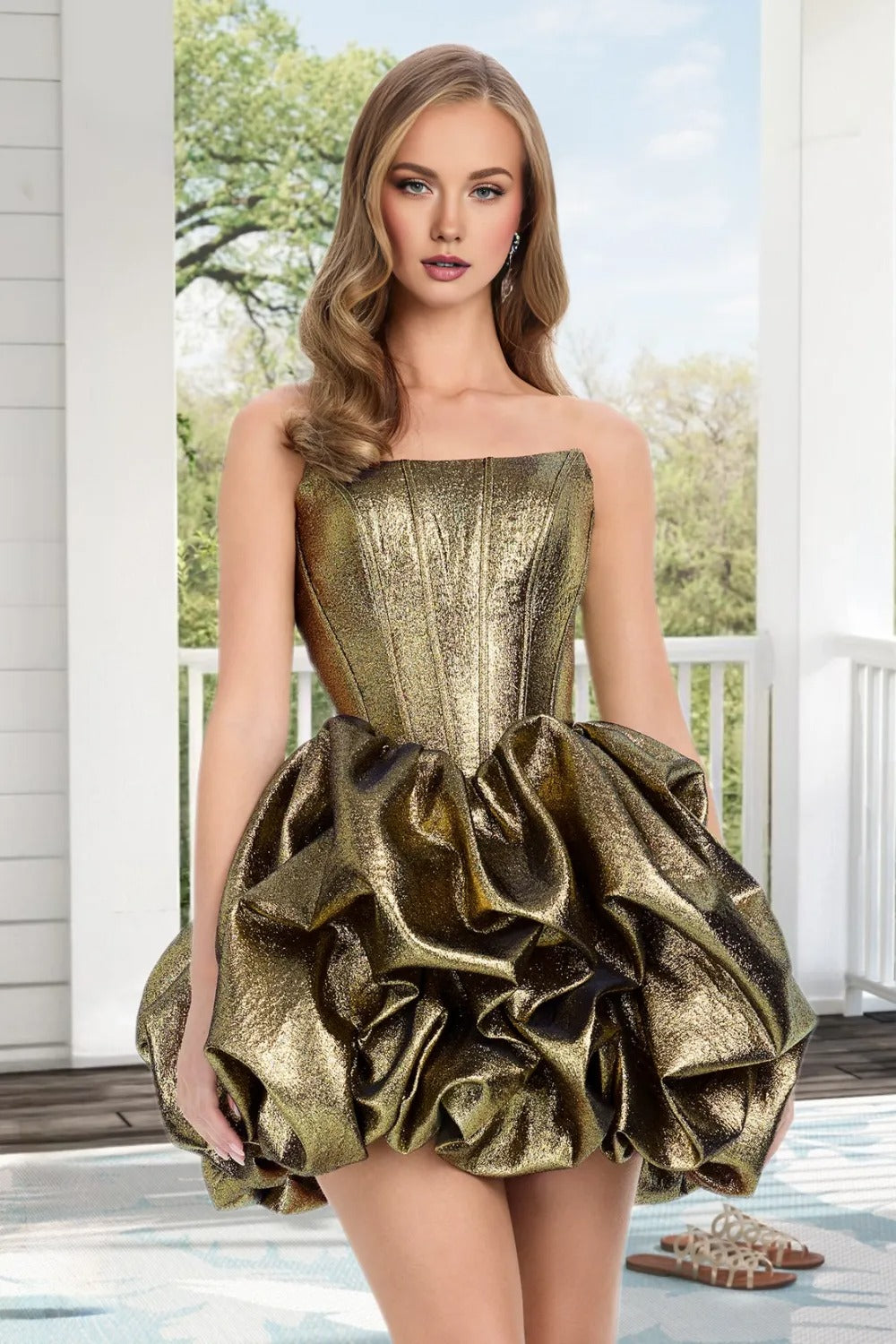 Dressime A Line Strapless Corset Metallic Bubble Hem Mini Homecoming Dress