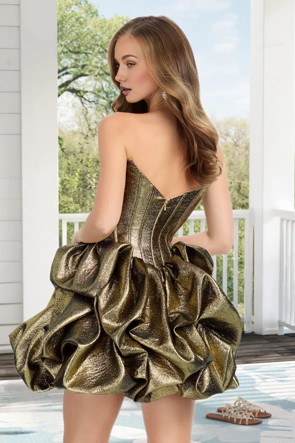Dressime A Line Strapless Corset Metallic Bubble Hem Mini Homecoming Dress