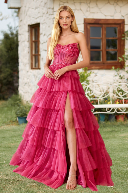 Dressime A Line Strapless Corset Sequin Appliques Tiered Long Prom Dress With Slit