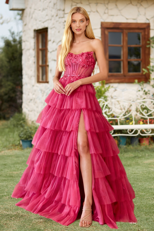 Dressime A Line Strapless Corset Sequin Appliques Tiered Long Prom Dress With Slit