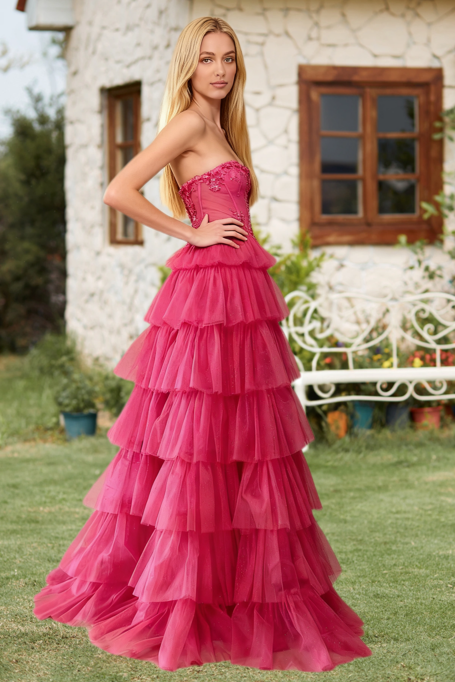 Dressime A Line Strapless Corset Sequin Appliques Tiered Long Prom Dress With Slit