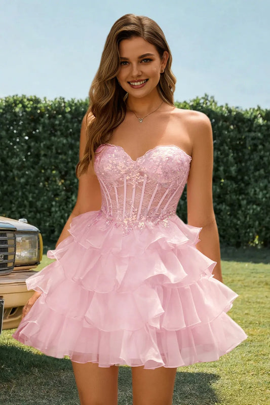 Dressime A Line Strapless Corset Sequins Tiered Mini Homecoming Dress