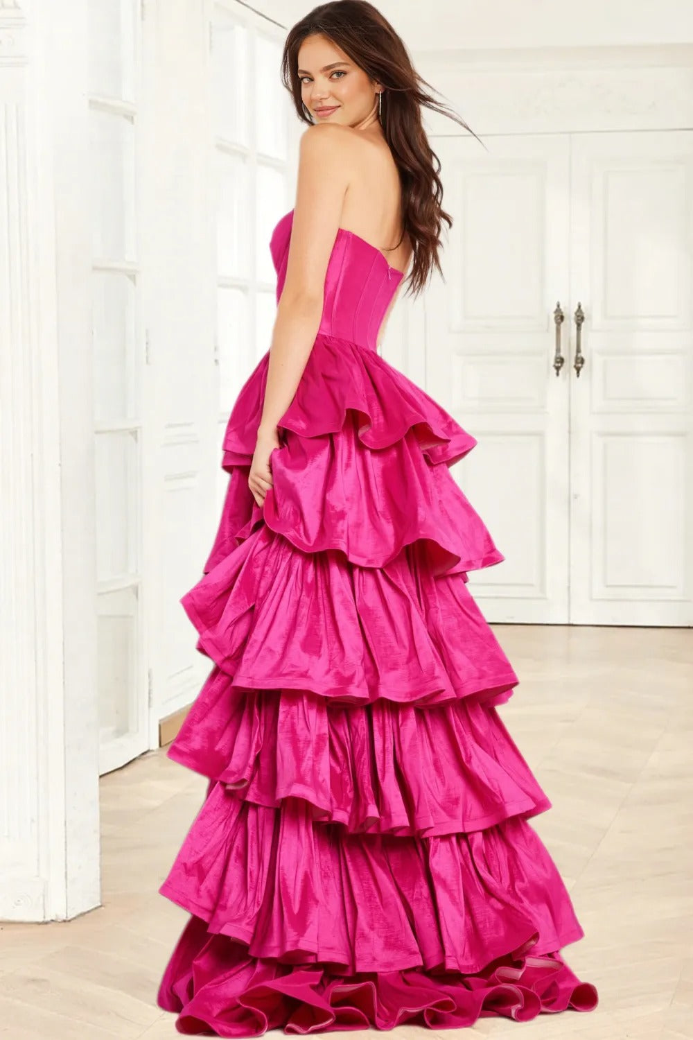 Dressime A Line Strapless Corset Taffeta Ruffled Tiered Long Prom Dress