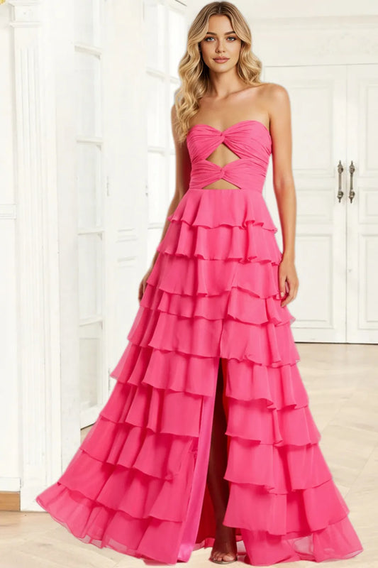 Dressime A Line Strapless  Cutout Bodice Ruffle Tiered Long Prom Dress With Slit