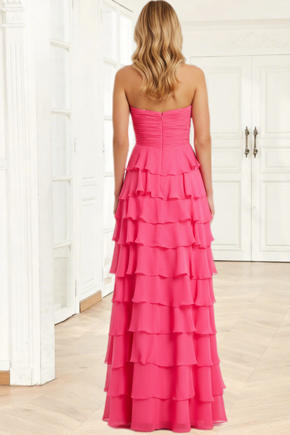 Dressime A Line Strapless  Cutout Bodice Ruffle Tiered Long Prom Dress With Slit