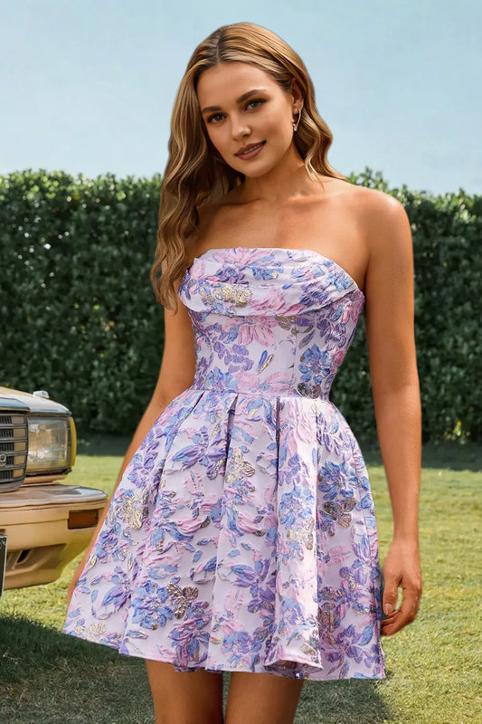 Dressime A Line Strapless Floral Jacquard Mini Homecoming Dress