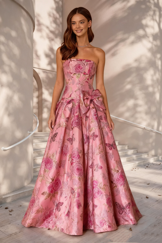 Dressime A Line Strapless Jacquard Bow Long Prom Dress