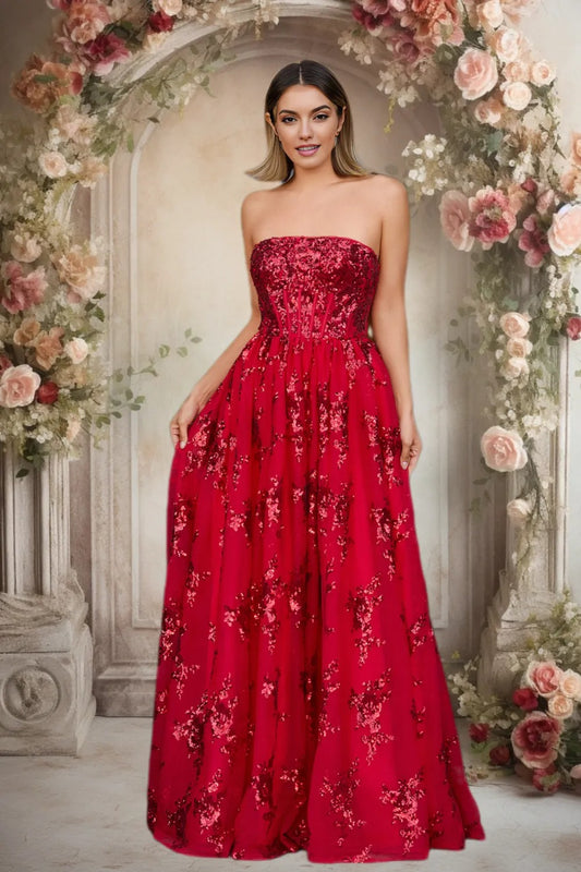 Dressime A Line Strapless Pleating Long Prom Dress With Appliques