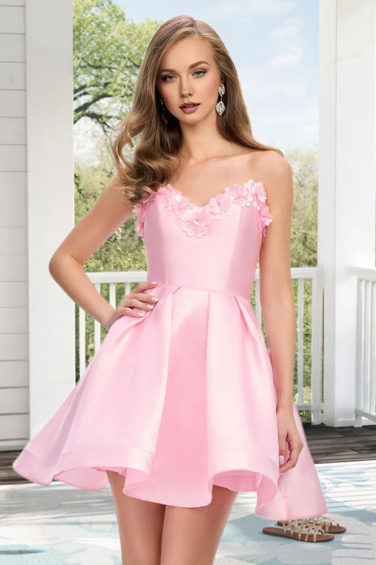 Dressime A Line Strapless Satin 3D Flowers Mini Homecoming Dress