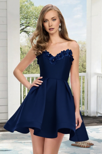 Dressime A Line Strapless Satin 3D Flowers Mini Homecoming Dress