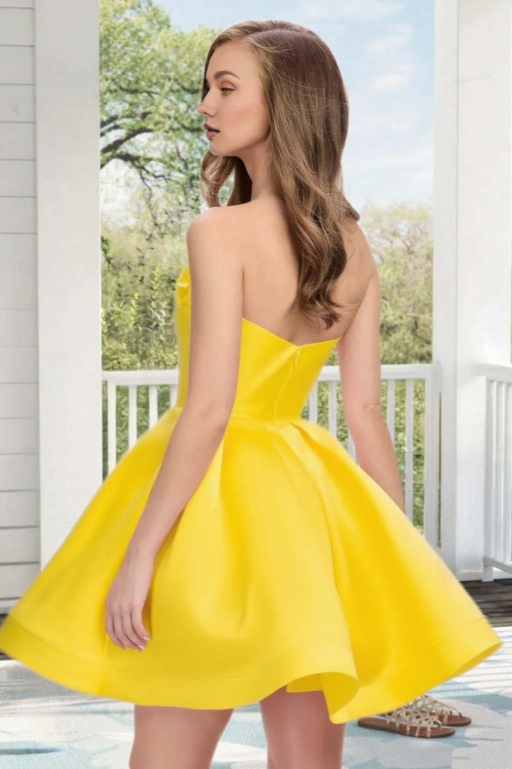 Dressime A Line Strapless Satin 3D Flowers Mini Homecoming Dress