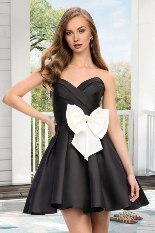 Dressime A Line Strapless Satin Pleated Mini Homecoming Dress With Bowknot