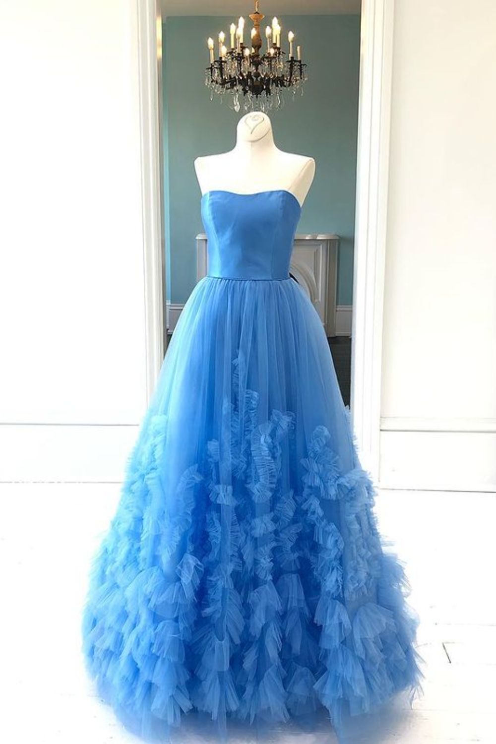 Dressime A Line Strapless Satin & Tulle Long Prom Dress With Ruffle