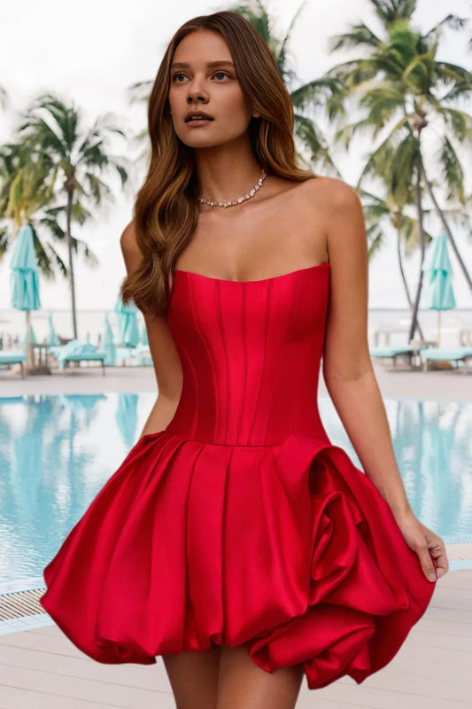 Dressime A Line Strapless Stain Bubble Hem Mini Homecoming Dress