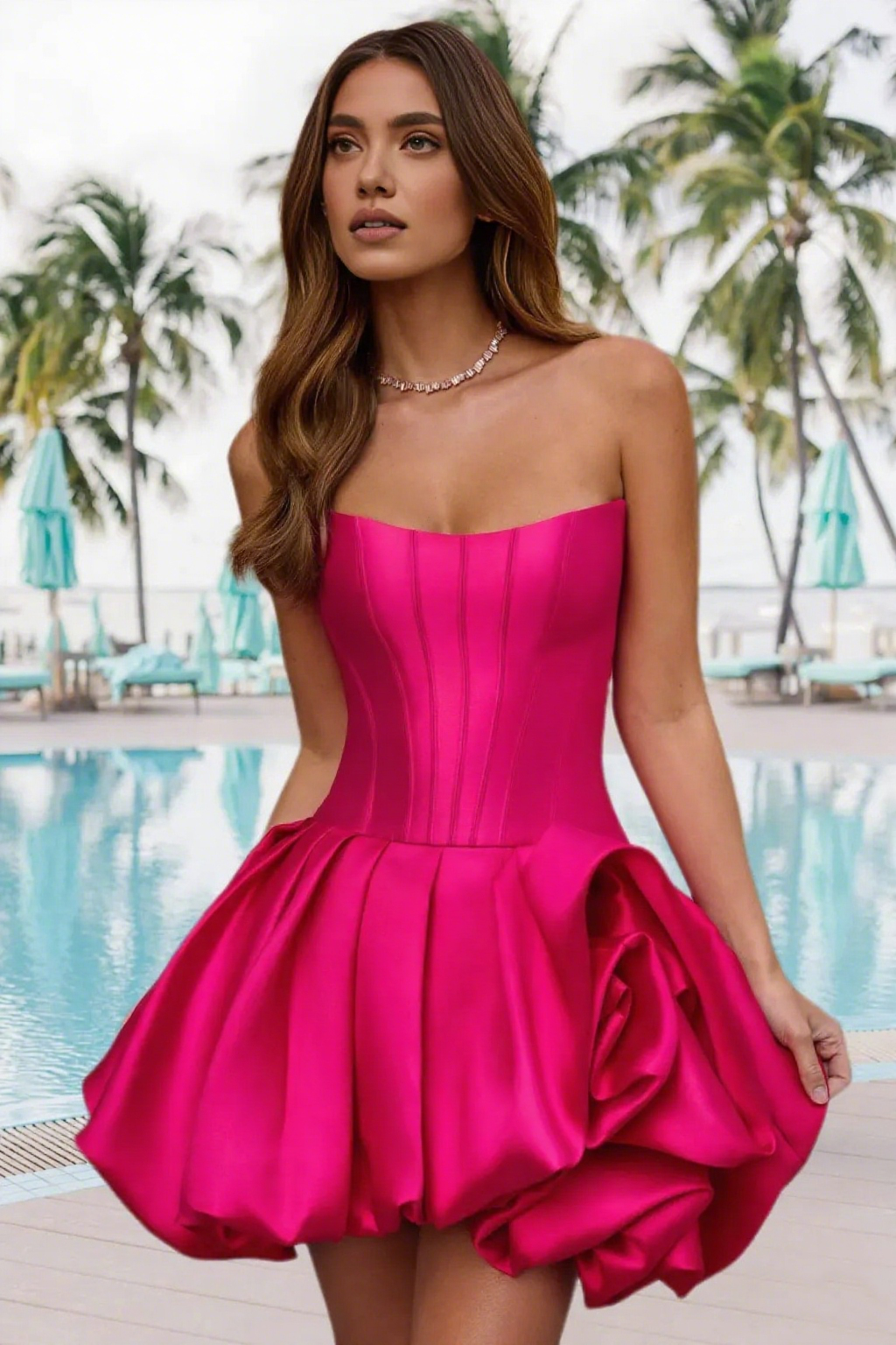 Dressime A Line Strapless Stain Bubble Hem Mini Homecoming Dress