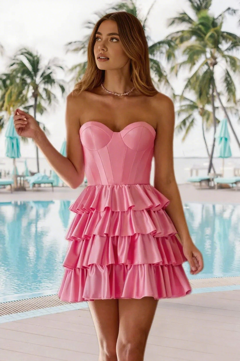 Dressime A Line Strapless Stretch Satin Ruffled Tiered Mini Homecoming Dress