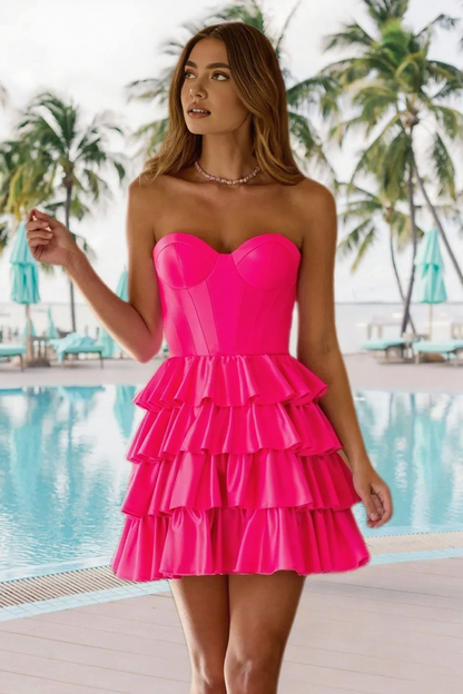 Dressime A Line Strapless Stretch Satin Ruffled Tiered Mini Homecoming Dress