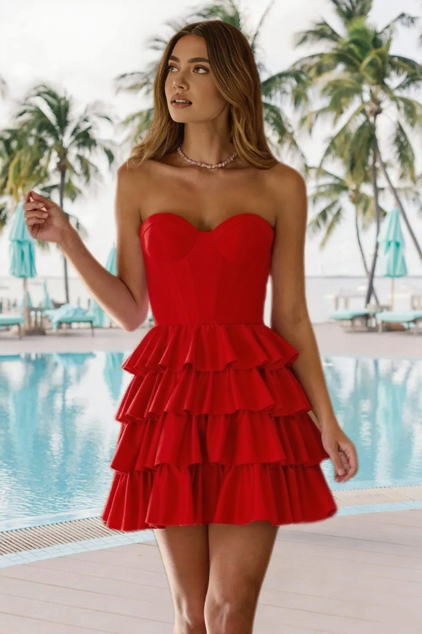 Dressime A Line Strapless Stretch Satin Ruffled Tiered Mini Homecoming Dress