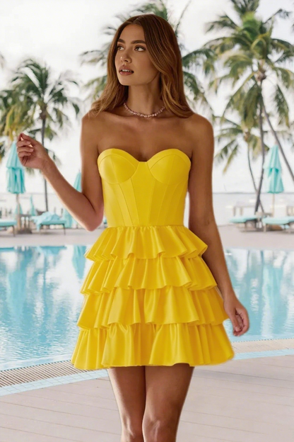 Dressime A Line Strapless Stretch Satin Ruffled Tiered Mini Homecoming Dress