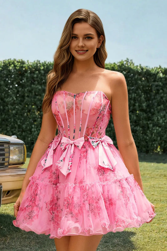 Dressime A Line Strapless Tulle Printed Corset Bow Mini Homecoming Dress