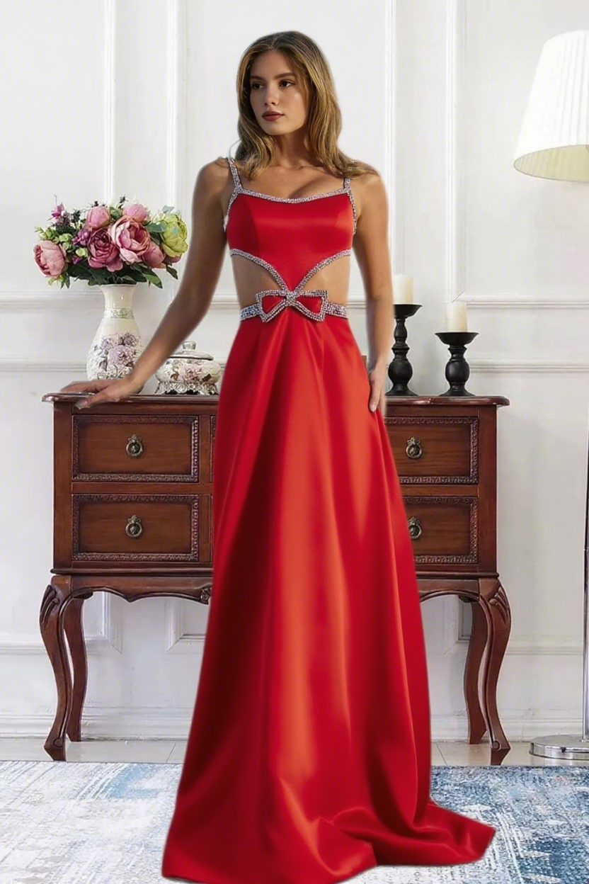 Dressime A Line Straps Satin Cutout Rhinestones Long Prom Dress With Bow