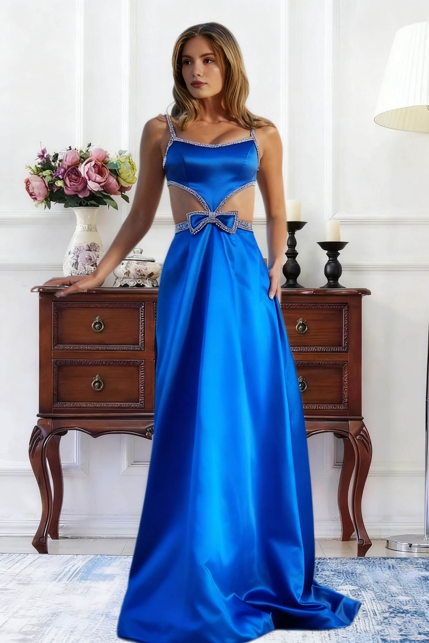 Dressime A Line Straps Satin Cutout Rhinestones Long Prom Dress With Bow