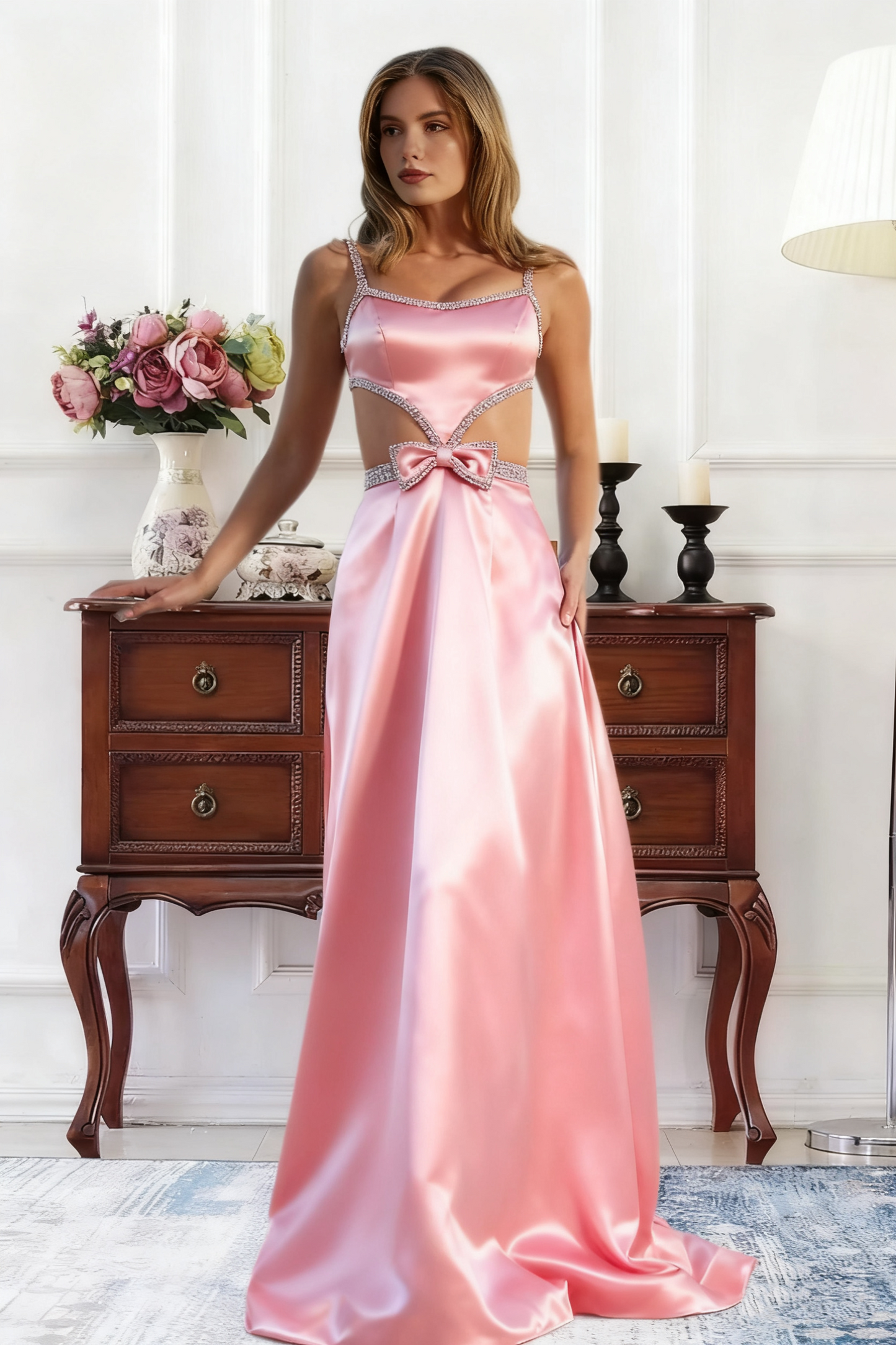 Dressime A Line Straps Satin Cutout Rhinestones Long Prom Dress With Bow
