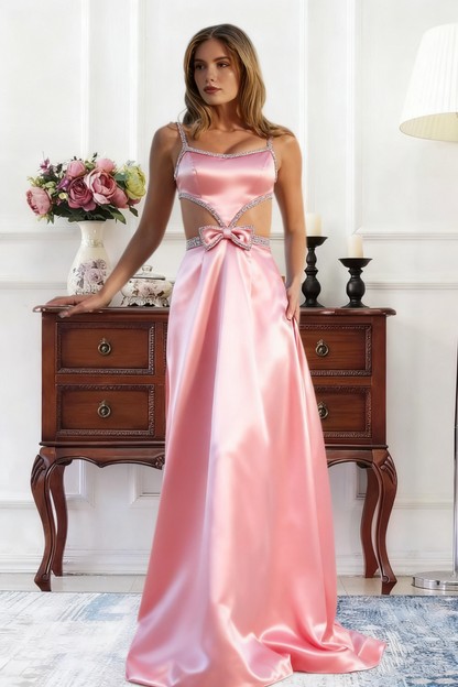 Dressime A Line Straps Satin Cutout Rhinestones Long Prom Dress With Bow